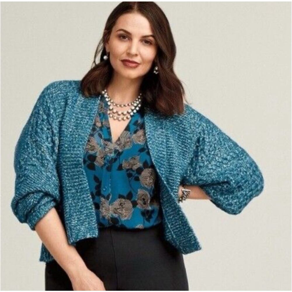 Cabi Blue + White Chunky Knit Astral Open Front Cardigan - Medium - 4095